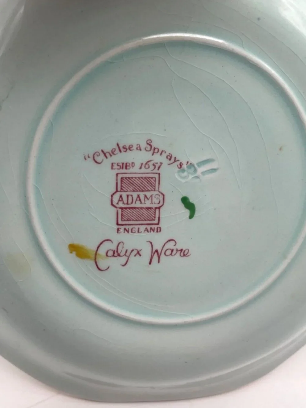 2 Adams Calyx Ware Chelsea Sprays Saucers Red Stamp Laurel Leaf England